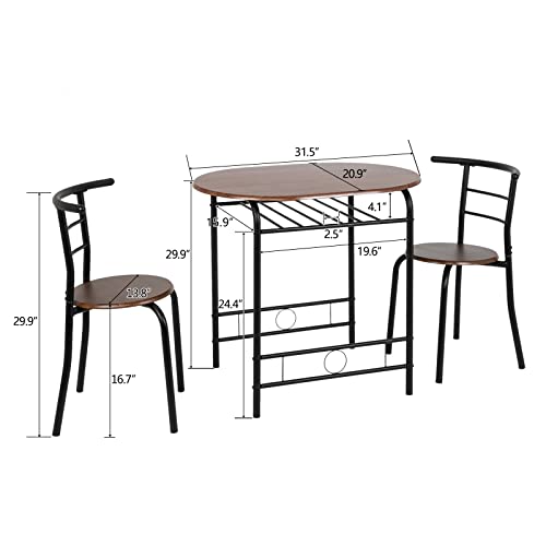VINGLI 3 Piece Dining Set,Small Kitchen Table Set for 2,Breakfast Table Set for 2,Kitchen Wooden Table and 2 Chairs for Small Space/Dining Room/Apartment,Metal Frame,Wine Rack,Black&Walnut - color: Walnut