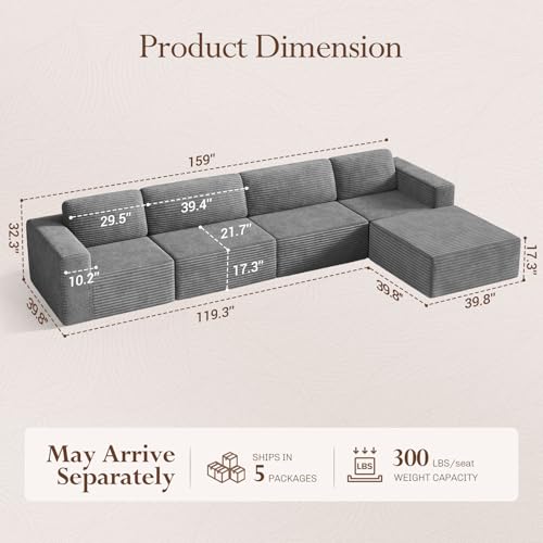 Vesgantti 159" Large Modular Sectional Sofa, L-Shaped Corduroy Cloud Couch with Deep Seats & Spring Support, 4-Seater Boneless Sofa with Movable Ottoman, No Assembly Needed, Grey - color: 159" - 4 Seater + Ottoman Grey