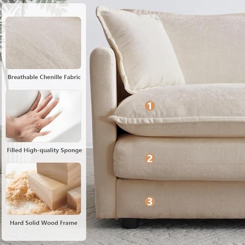 Aoowow Modular Sectional Sofa Modern Convertible L Shaped Couch,112.2 Inch Deep 3-Seater Sofas Set Comfy Chenille Cloud Sofas and Couches with Movable Ottoman for Living Room Apartment（Light Coffee） - color: Light Coffee, size: 3 Seat + Ottoman