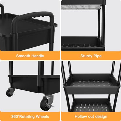 3 Tier Rolling Utility Cart with Drawer,REBECAT Utility Cart Made of Multifunctional Storage Organizer Tool for Kitchen,Bathroom,Living Room,Office(Black) - color: Black