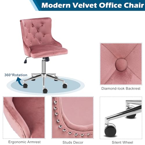 VINGLI Velvet Office Chair - Modern Upholstered Desk Chair with Adjustable Height, Tilting Mechanism, and Rolling Wheels - Pink - color: Pink