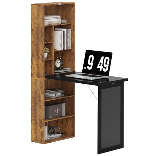 HOMCOM Foldable Desk Wall Mounted Convertible Table, Rustic Brown | Wall Mounted, Space-Saving, Chalkboard, Storage Shelves, for Small Spaces, Home Office, Bedroom, Dorm, Apartment - color: Rustic Brown