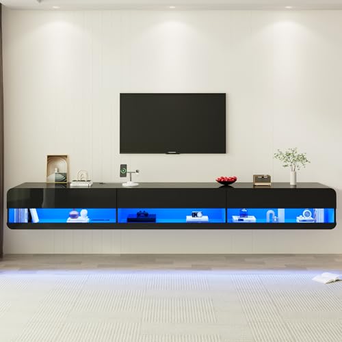 St.Mandyu Floating LED TV Stand for TVs Up to 100 inch, 94.5 inch Modern Entertainment Center with Led Lights & Power Outlet, Wall Mounted Hanging Media Console for Living Room, Black - color: Black