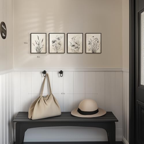 Framed Vintage Floral Botanical Wall Art for Bathroom, 4 Piece 8x10 In | Rustic modern farmhouse wall decor, Waterproof canvas prints, Neutral flower pictures, Kitchen bedroom hallway home decor - color: Misty - Black Framed, size: 8" W x 10" H x 4 pcs