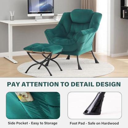 Lazy Chair with Ottoman, Comfy Reading Accent Chair, Velvet Green | Foldable Footrest, Padded Seat and Backrest, Side Pocket for Lounging in Living Rooms, Bedrooms, Dorms and Small Spaces - color: Green