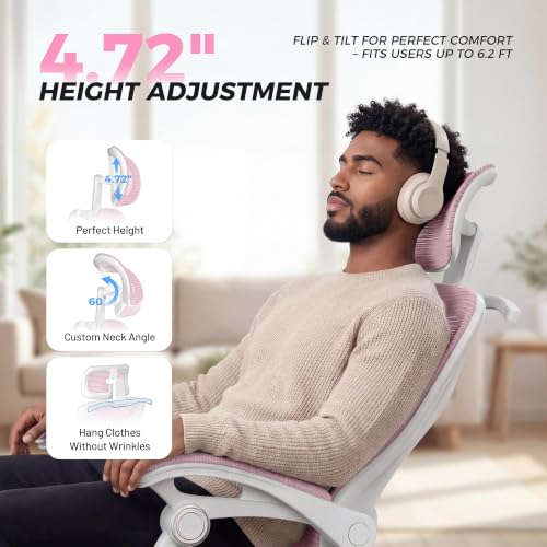 CYKOV Ergonomic Office Chair, Reclining, Footrest, Adjustable Lumbar, 350LB | 4-Way Headrest (4.72" + 60°), 2-Way Lumbar (2" + 1.18"), 90-135° Recline, Breathable Mesh, Gaming & Office, 5-Year Warranty - color: W-pink