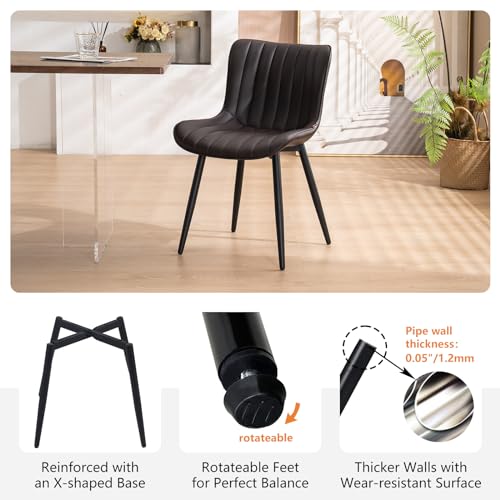 YOUNUOKE Mid-Century Modern Dining Chairs Set of 2, Dark Brown PU Leather | Faux leather upholstery with black metal legs. Fits dining room, kitchen, and guest reception. Easy to clean. Armless design - color: Dark Brown