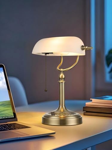White Matted Stepless Dimmable Glass Bankers Desk Lamp | Table Lamp Plug in Fixture for Study Home Office Library, LED Bulb Included - color: White