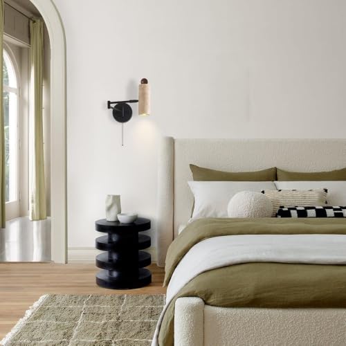 Modern Travertine Stone Wall Sconce, Adjustable Swing Arm Wall Lamp, Black Metal Base Pull Chain Switch Bedside Reading Spotlight for Bedroom Study Room Bedside - color: Walnut