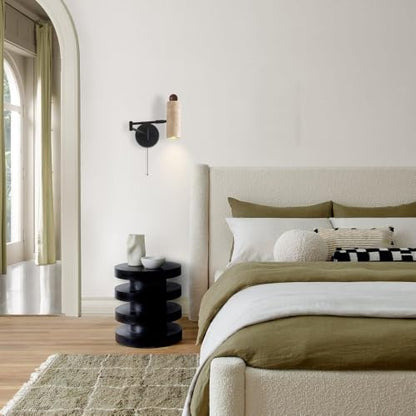 Modern Travertine Stone Wall Sconce, Adjustable Swing Arm Wall Lamp, Black Metal Base Pull Chain Switch Bedside Reading Spotlight for Bedroom Study Room Bedside - color: Walnut