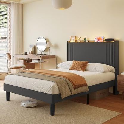 Gizoon Full Bed Frame with Charging Station and LED Lights | Upholstered Wingback Platform Bed with Padded Headboard,Wooden Slats,Noise-Free,No Box Spring Needed, Easy Assembly,Dark Grey - color: Dark Grey+led, size: Full
