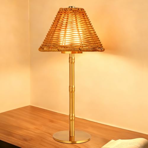 Mr.White Rechargeable Cordless Table Lamp with Wicker Shade, 5200mAh Battery Operated Portable Table Light with Touch Control, for Patio Restaurant Kitchen Dinner (Gold) - color: Gold+Wicker Lampshade