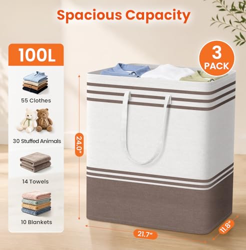 TranquilRelax 3-Pack Laundry Basket, Laundry Hamper, Khaki-100L | Freestanding＆Water-Resistant Laundry Hamper, Collapsible Tall Clothes Hamper with Carry Handles for Clothes, Laundry Basket - color: Khaki, size: 100L