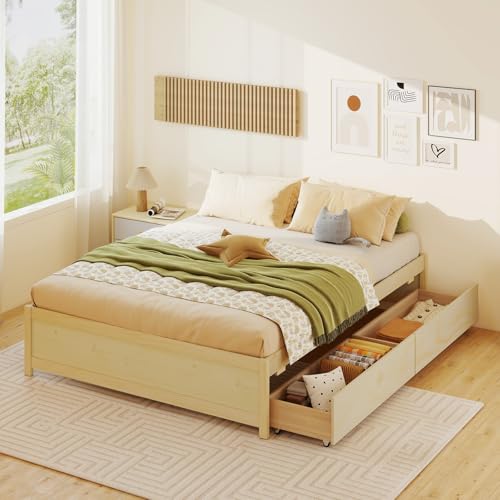 KOMFOTT Queen Size Wood Bed Frame with 2 Rolling Storage Drawers, Wooden Platform Bed Frame, Mattress Foundation with Wooden Slats Support, No Box Spring Needed (Natural) - color: Natural, size: Queen