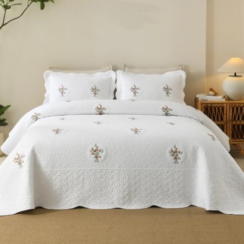 MarCielo 3pcs Cotton Quilt Set White Rose Bouquet | Embroidered Bedspread Lightweight All Season Quilted Bedding - color: White Rose Bouquet, size: Queen (98" x 90")