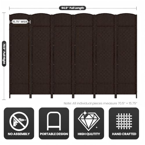 6 Panel Folding Room Divider,Woven Privacy Screen,Chocolate | Solid wood frame, handcrafted diamond pattern, 6FT tall, extends to 94.5 inches wide, no assembly required - color: Chocolate, size: 6-Panel