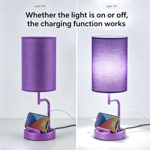 Dreamholder 2 Pack Table Lamp, Bedside Lamp with 3 USB Charging Ports & AC Outlet, USB Desk Lamp with 2 Phone Holders, Linen Fabric Shade Nightstand Lamps for Bedroom Living Room Office, Purple - color: Purple