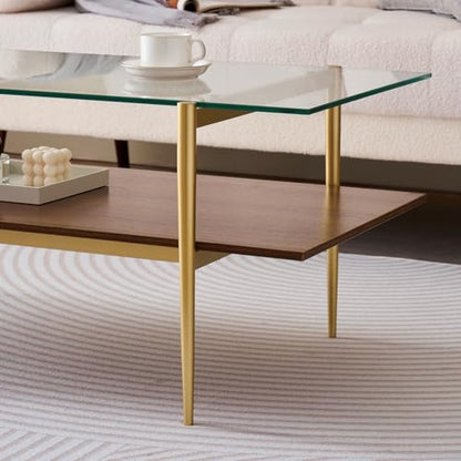 LumFurn Rectangle Coffee Table, Mid-Century Modern Design, L41 W21 x H17, for Living Room, 2-Tier Structure, Clear Glass Top and Walnut MDF Shelf, Sleek Conical Metal Legs with Gold Finish - color: L41" Clear & Walnut