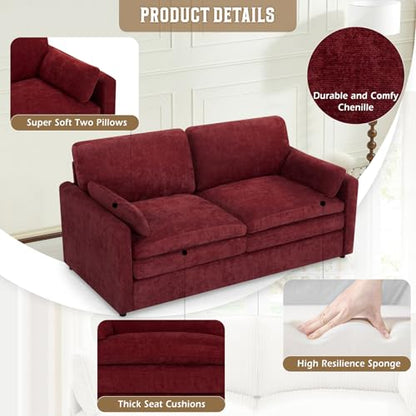 69" Chenille 2 Seats Sofa with 2 Pillows, Red | Modern Upholstered Sofa with Deeper Seats, Comfy Sofa with Thickened Cushions for Living Room, Apartment - color: Red, size: Loveseat