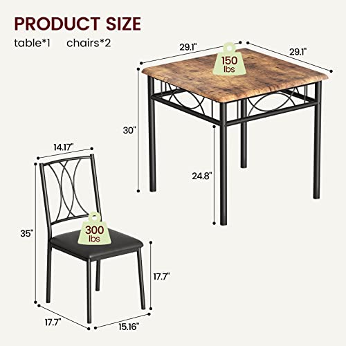 CABIHOME Dining Table Set for 2, 3 Piece Kitchen Table Set with 2 Upholstered Chairs, Square Kitchen Table Set for Small Space, Apartment, Dining Room, Retro Brown - color: Retro Brown, size: Table with 2 Upholstered Chairs