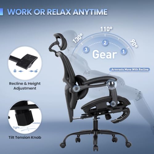 MALOL Ergonomic Mesh Office Chair with Footrest, Executive High Back Computer Desk Chair with 3D Adjustable Headrest & 5-Level Lumbar Support, Track Armrest, Tilt Lock, 300LBS, Black - color: Black