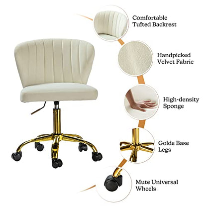 TINA'S HOME Office Desk Chairs with Wheels & Gold Base, Modern Velvet Cute Armless Office Chair, Adjustable Low Back Swivel Rolling Chair, Upholstered Task Chair for Living Room Vanity Study-Ivory | Modern Velvet Cute Armless Office Chair, Adjustable Low