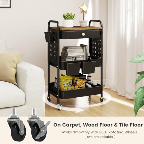 3-Tier Rolling Cart, Metal Rolling Storage Cart with Wooden Table Top & DIY Pegboards, Storage Cart with Wheels, Hooks & Hanging Cups, Storage Organizer Cart Craft Art Cart, Black