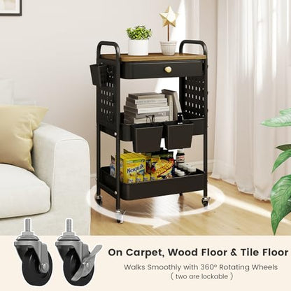3-Tier Rolling Cart, Metal Rolling Storage Cart with Wooden Table Top & DIY Pegboards, Storage Cart with Wheels, Hooks & Hanging Cups, Storage Organizer Cart Craft Art Cart, Black
