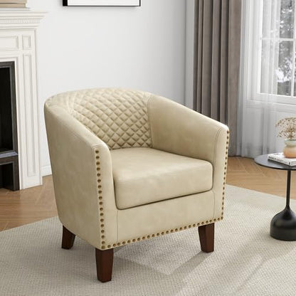 Faux Leather Accent Chair, Modern Barrel Club Chair, Beige | Comfy Upholstered Armchair for Living Room, Round Club Chair Single Sofa Bedroom Reading Seat | 26"D*29"W*29"H - color: Beige