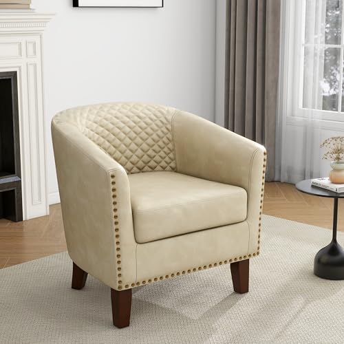 Faux Leather Accent Chair, Modern Barrel Club Chair, Beige | Comfy Upholstered Armchair for Living Room, Round Club Chair Single Sofa Bedroom Reading Seat | 26"D*29"W*29"H - color: Beige