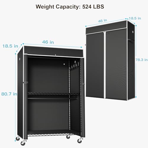 Black Clothing Rack with Black Cover, P1C Plus Rolling Closet | Metal Garment Rack with Wheels for Hanging Clothes, Portable Clothing Storage Wardrobe - color: Black Rack with Black Cover