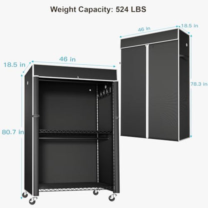 Black Clothing Rack with Black Cover, P1C Plus Rolling Closet | Metal Garment Rack with Wheels for Hanging Clothes, Portable Clothing Storage Wardrobe - color: Black Rack with Black Cover