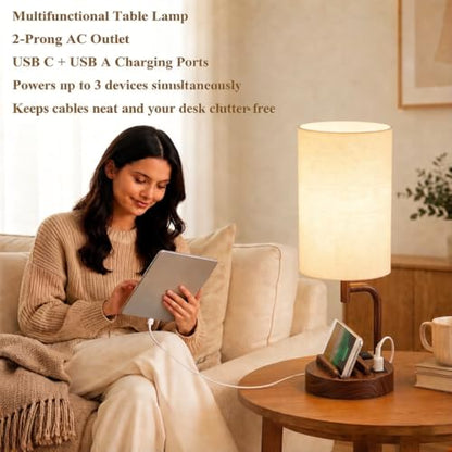 Dreamholder Touch Control USB Table Lamp with USB C/A & AC Outlet, 3-Way Dimmable Bedside Lamp, Modern Nightstand Lamps for Bedroom Living Room Guest Room Office, Bulb Included, Walnut - color: Wanut