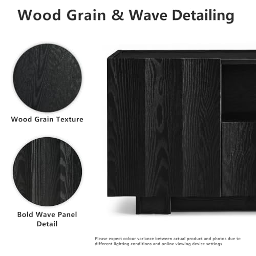 win2win 61" Modern TV Stand with Storage, Wave Design, Black | Media TV Console for Living Room Bedroom, Entertainment Center for 70 Inch TV, Wood Grain Finish, Adjustable Shelves - color: Black