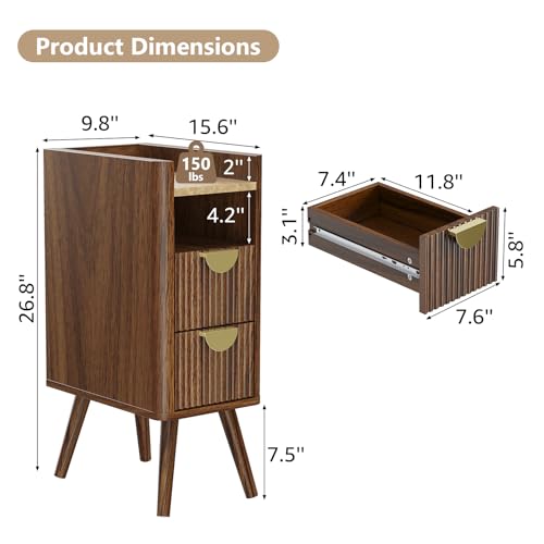 Narrow Nightstand with 2 Drawers, Wooden Bedside Table with Open Storage Space, Easy Install Slim Night Stand for Apartments, Narrow Bedroom Corners, Living Room End Table