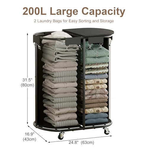 200L Double Laundry Hamper with Lid & Wheels, Oval Rolling Laundry Basket | Gasvadivum Sturdy Metal Large Laundry Cart with 2 Removable Bags, Dirty Clothes Hamper 2 section for Bathroom, Bedroom, Black - color: Black, size: 200L(24.8"L x 16.9"W x 31.5"H)