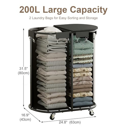 200L Double Laundry Hamper with Lid & Wheels, Oval Rolling Laundry Basket | Gasvadivum Sturdy Metal Large Laundry Cart with 2 Removable Bags, Dirty Clothes Hamper 2 section for Bathroom, Bedroom, Black - color: Black, size: 200L(24.8"L x 16.9"W x 31.5"H)