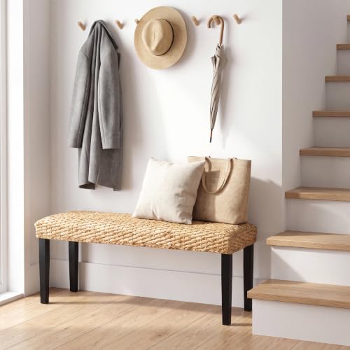 Solid Wood Acacia Indoor Bench, Water Hyacinth Seat, Black Leg, Plait Style | Natural Woven Seat, Boho Entryway, Farmhouse Modern Style, Multi-Room Use - color: Plait - Black Leg & Water Hyacinth