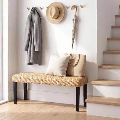 Solid Wood Acacia Indoor Bench, Water Hyacinth Seat, Black Leg, Plait Style | Natural Woven Seat, Boho Entryway, Farmhouse Modern Style, Multi-Room Use - color: Plait - Black Leg & Water Hyacinth