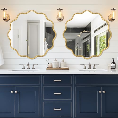 PROHOMEWARE Gold Round Mirror 36 Inch Wavy Bathroom Vanity Mirror Gold Frame Modern Wall Mirror Decorative Wall-Mounte Anti-Rust, Tempered Glass - color: Gold, size: 36"L x 36"W