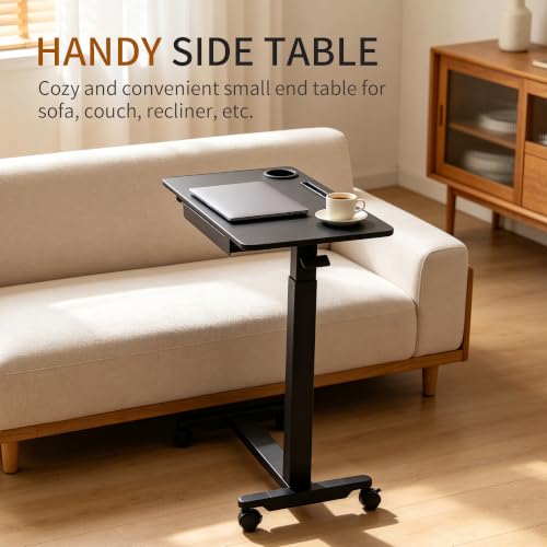 Adjustable Height Over Bed Desk with Drawer, Wheels, Slot, and Cup Holder | Portable Rolling Laptop Overbed Table, Pneumatic Hospital Bedside Tray with Storage, Laptop Standing Sofa Side Cart| Black - color: Black