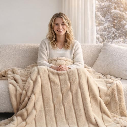 Cozy Bliss Deluxe Sheared Rabbit Faux Fur Throw Blanket, Soft Fuzzy High-Low Sculpted Plush Blanket for Couch, Cozy Home Accent, All Season Use, Khaki 50"x60" - color: Khaki, size: Throw(50" x 60")