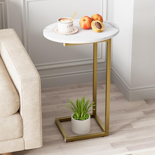 C Shaped End Table, Oval Couch Side Tables for Living Room, Sofa End Table with Metal Frame, Small Wooden Snack Table for Bedroom, Small Spaces, Easy Assembly, Gold - color: White Marble+gold