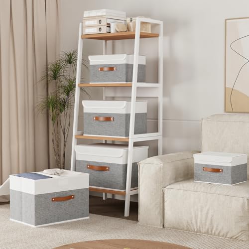 Yawinhe Collapsible Storage Boxes,White/Grey,10.2x7.9x6.7in,3-Pack | Fabric Storage bin with Lids, Washable Cube Organizer Basket; Container with Leather Handle,Closet Organizer for Home - color: White/Grey, size: S/(3 Pack)