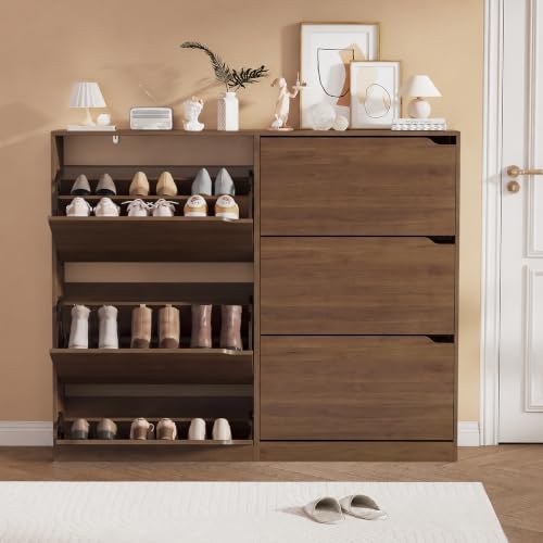 Walnut Hidden Shoe Storage Cabinet for Entryway with 6 Flip Drawers | Slim & Narrow Design Saves Space, Adjustable Shelves Fit Various Shoes, Ventilation Reduces Odors, Anti-Tip Safety - color: Walnut, size: Regular 6 Drawers