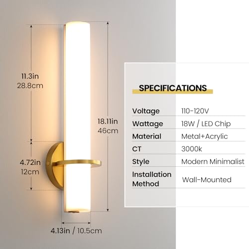 Hardwired Wall Sconces Set of Two 18 Inch Gold Bathroom Wall Sconces 18W 2700K-5000K LED Dimmable Modern Wall Lights with Acrylic Lampshade Brushed Gold Sconces for Bedroom Living Room Hallway - color: Gold, size: Hardwired (18in-2pcs)