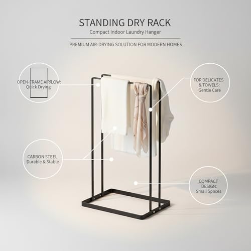 Compact Carbon Steel Standing Dry Rack for Indoor Laundry, Space-Saving Floor Clothes Hanger for Apartments & Small Spaces, Black