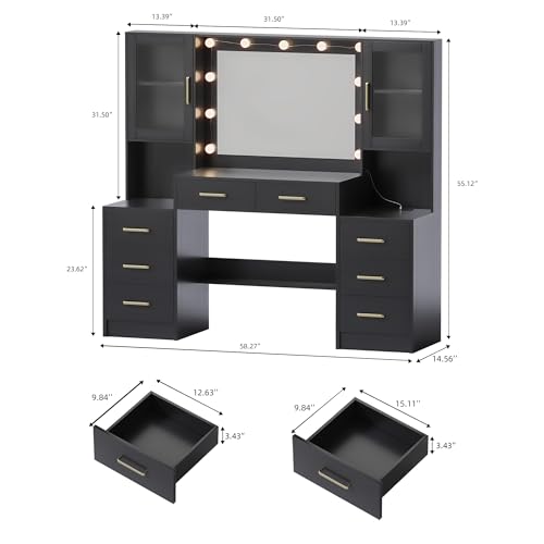 TOKSOM Black Vanity Desk with Mirror, Lights & Charging Station, 58.3" 3 Lighting Modes Makeup Desk with 8 Drawers, 2 Cabinets and Lots Storage, Dressing Table Vanity Set with Lighted Mirror - size: 58.3 inch, style: Modern Black