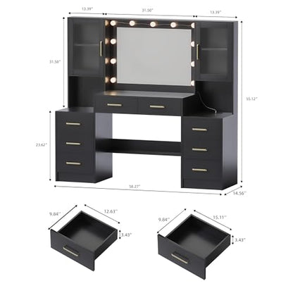 TOKSOM Black Vanity Desk with Mirror, Lights & Charging Station, 58.3" 3 Lighting Modes Makeup Desk with 8 Drawers, 2 Cabinets and Lots Storage, Dressing Table Vanity Set with Lighted Mirror - size: 58.3 inch, style: Modern Black