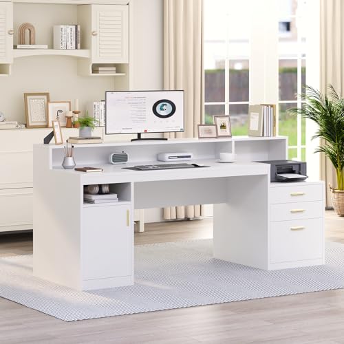 65" White Computer Desk with 3 Drawers & Printer Shelf for Home Office | White Desk with Printer Shelf & File Drawer, Executive Desk Writing Study Table with Monitor Stand, Storage Cabinet - color: White